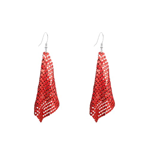 Sequin Earrings for Women Metal Mesh Grid Sequins Tassel Long Drop Dangle Earrings Trendy Charms Bridal Wedding Jewelry - color: Red