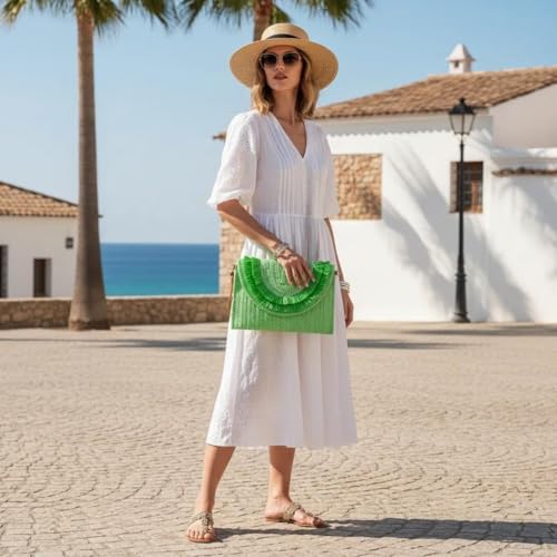 Crossbody Bags for Women, Straw Clutch Purses, Bohemian Handmade Woven Envelope Package, Tassel Handbags for Women | Bohemian - color: Green