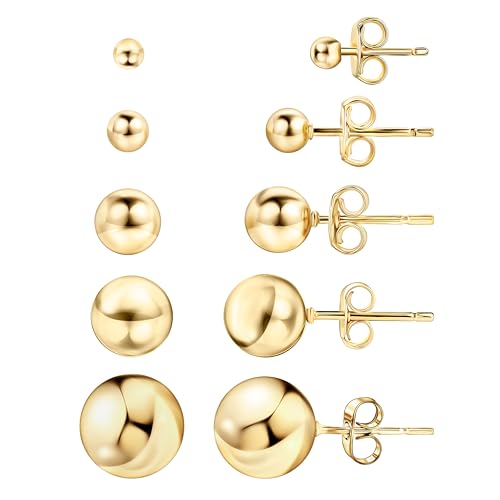 Barzel 18K Gold Plated Ball Stud Earrings Set, Sizes 3-10MM, 5 Pack, High Polish Finish Ball Suds