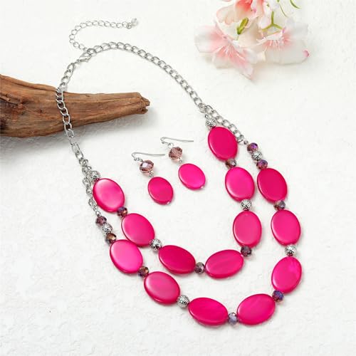 2 Layered Chunky Beaded Shell Necklace for Women Sea Shell blue/yellow/red/green/turquoise/teal/white Statement Necklace and Earring Set Elegant Women Necklace Set Jewelry Sets for Women - color: fuchsia pink