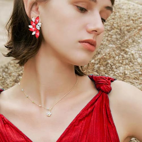 Bohemian Statement Sparkly Colourful Fancy Rhinestone Crystal Flower Dangle Drop Stud Earrings Vintage Wedding Bridal Prom Earrings for Women - color: White Red