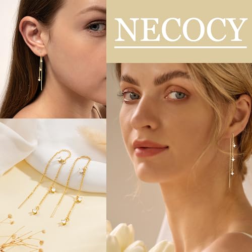 NECOCY Gold Dangle Earrings for Women Non Tarnish 14K Gold Plated Drop Wedding Hypallergenic Earring Dainty Long Hanging Chain CZ Pearl Threader Earrings Trendy Silver Plated Jewelry for Women - style: Gold&Style3