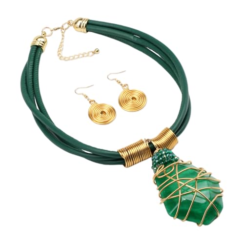 Ethnic Crystal Rhinestone Pendant Necklace Earrings Set Women Handmade Tribal Collar Choker Chunky Metal Bib Rope Chain African Statement Jewelry Set - color: N1505-green