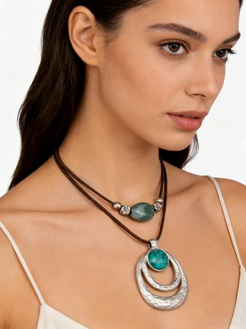 Boho Necklaces for Women Chunky Circle Necklace Layered Boho Circle Leather Choker Necklace Long Vintage Necklaces Bohemian Jewlery Gifts - style: Bohemian Chain Necklace
