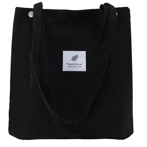 Corduroy Tote Bag for Women Small Canvas Shoulder Purse Cord Handy Bag with Inner Pocket | with Front Pocket - color: 02 Black