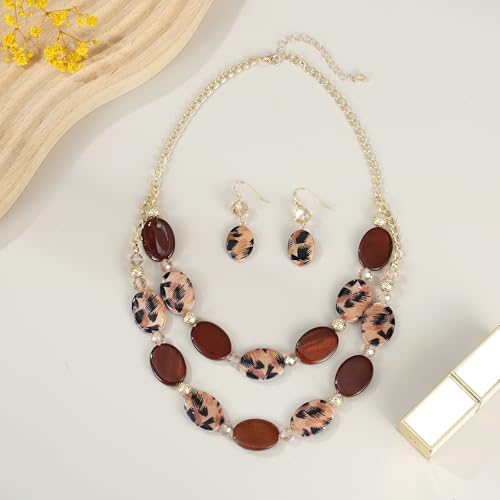 2 Layered Chunky Beaded Shell Necklace for Women Sea Shell blue/yellow/red/green/turquoise/teal/white Statement Necklace and Earring Set Elegant Women Necklace Set Jewelry Sets for Women - color: leopard/brown