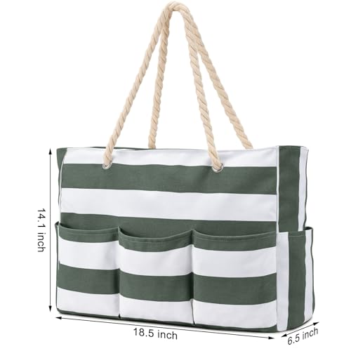 Becokan Beach Bags for Women Canvas Large Beach Tote Bag Zipper Waterproof Sandproof Foldable Swim Pool Bag with 7 Pockets - color: Army Green