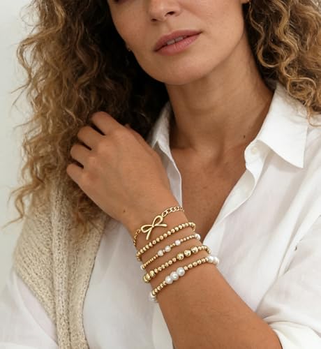 Gold Beaded Bracelets for Women, 14K Real Gold Plated Jewelry for Women Dainty Pearl Bead Bracelets Stack, Non Tarnish Trendy Stackable Ball Cross Stretch Bracelet Set Fashion Accessories Gifts - color: Gold bead & Bow chain