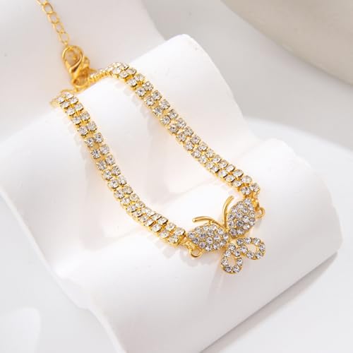 Gold Ankle Bracelets For Women Rhinestone Pendant Butterfly Tennis Anklet Bracelets Summer Foot Chain Jewelry - color: GoldB