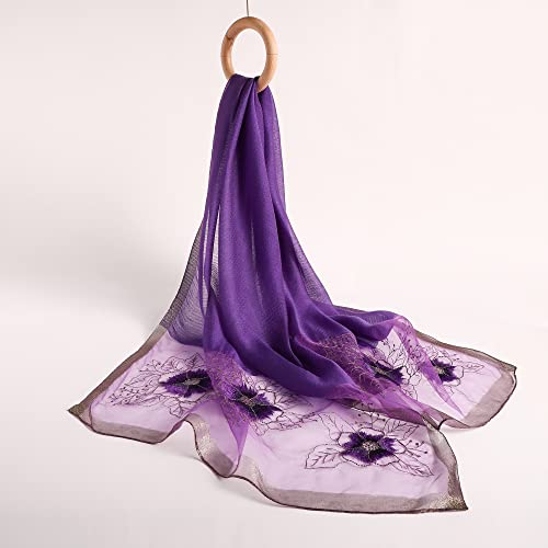 WINCESS YU Women Mulberry Silk Scarf Long & Large Embroidered Floral Pattern Shawl and Wraps Neckerchief for Hair & Neck - color: Purple