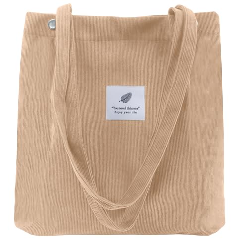 Corduroy Tote Bag for Women Small Canvas Shoulder Purse Cord Handy Bag with Inner Pocket | with Front Pocket - color: 02 Khaki