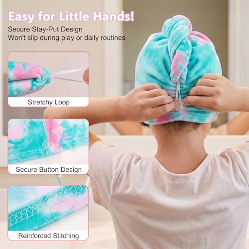 Basumee Microfiber Hair Towel Wrap for Kids 2 Pack Rapid Drying Hair Towel with Button Hair Turbans for Wet Hair Wraps Head Towel Wrap for Women and Girls - color: Pink Purple Tie-dye
