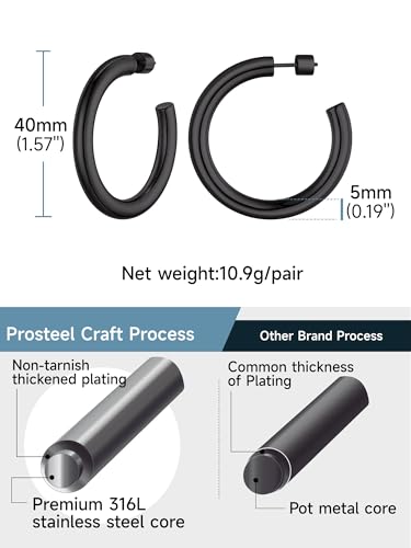 Stainless Steel Chunky Hoop Earrings For Women, Minimalist and Chic, Black/Gold Plated, Round Hoops Earrings Hypoallergenic, Size: 30mm/40mm/60mm/80mm, Come with Box - color: 2. Black, size: 40MM
