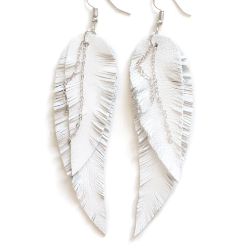 Black shiny Leather Feather Earrings for Women, Lightweight Minimal Boho Dangle Earrings, Small Simple Everyday Jewelry - color: white