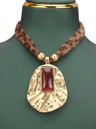 Boho Necklace for Women Adjustable Silicone Rope with Gold Beaded Pendant Chunky Handmade Vintage Jewelry - style: Leopard Red Stone Necklace