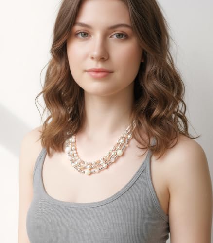 Noessla Beaded Statement Necklaces for Women Layered Chunky Bead Necklace Fashion Costume Jewelry Gifts for Mom - color: Beige
