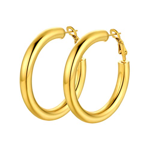Stainless Steel Chunky Hoop Earrings For Women, Minimalist and Chic, Black/Gold Plated, Round Hoops Earrings Hypoallergenic, Size: 30mm/40mm/60mm/80mm, Come with Box - color: 1. Gold, size: 40MM