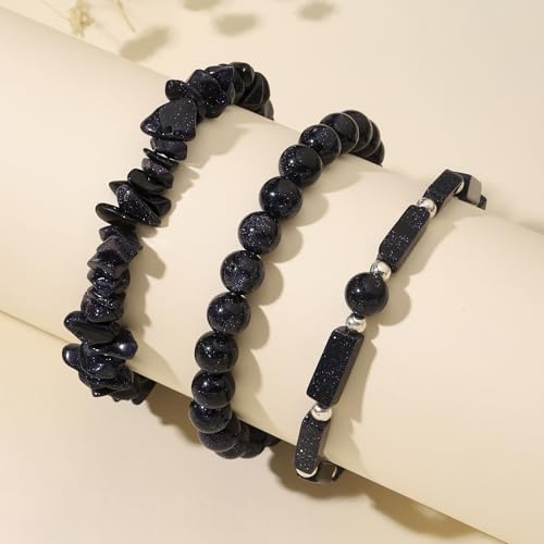 3Pcs Natural Stone Bracelets for Women 8mm Crystal Beaded Bracelets Handmade Stretch Bracelet Healing Crystal Jewelry for Women - style: Blue Sandstone