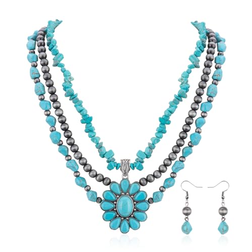 Montana West Rustic Couture's Western Jewelry Set for Women Cowgirl Vintage Western Necklace Earring - color: K-Turquoise