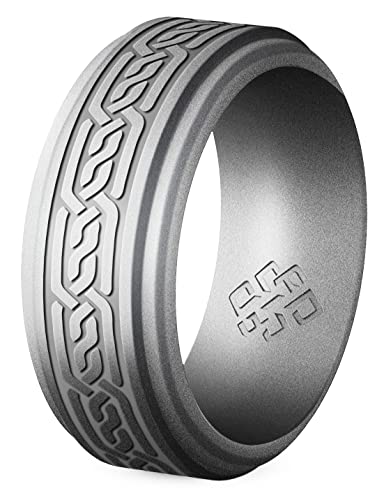 Knot Theory Silicone Ring for Men - Trinity, Claddagh, Celtic Engraving - 8mm Bandwidth Breathable Comfort Fit - color: Silver Celtic, size: Size 11 ~ 11.5
