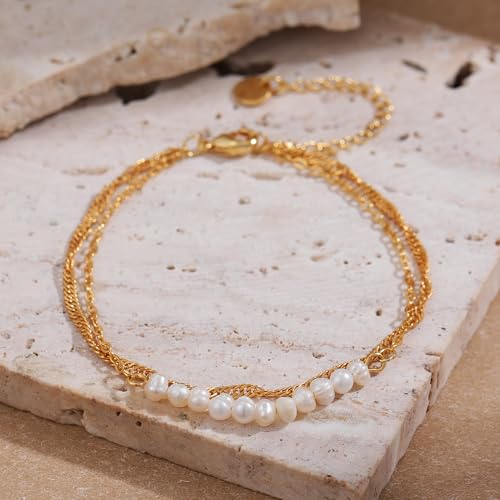 SLOONG Gold Pearl Bracelets for Women Trendy, 14K Gold Plated Dainty Stackable Layered Chain Bridesmaid Bracelets, Waterproof Wedding Jewelry for Women Adjustable 6"+2" - color: Style2(Pearl)