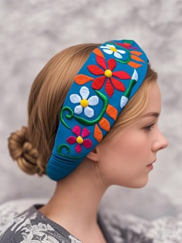 FANFAN Blue Floral Embroidered Boho Braided Elastic Headband Beach Wedding Party Hair Accessory E9 - color: Blue