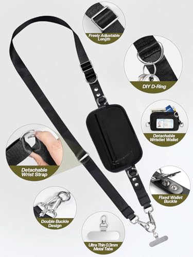 Tiostep Clip and Go Strap for Phone with Wallet Crossbody Phone Lanyard Adjustable and Detachable RFID Wristlet Wallet with ID Window and Zipper, Black - color: Black, size: Medium