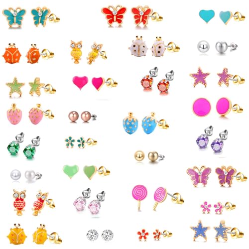 33 Pairs Stainless Steel Cartoon Earrings for Girls - Hypoallergenic Colorful Stud Earing Set, Mix & Match Cute Earring for Teens, Kids, Doll Dressup Accessories - style: Style C Flower Animal