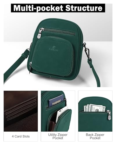 FADEON Small Purses for Women Crossbody Bags, Designer PU Leather Mini Cross Body Purse Travel Shoulder Bag Card Slots - color: Dark Green Nubuck Style