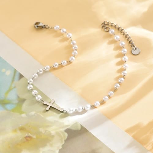 Cross Anklets for Women, 18K Gold Plated Dainty Ankle Bracelets with Colorful Beads Pearl Anklet, Adjustable Religious Christian Satellite Cross Chain, Waterproof Boho Summer Beach Jewelry - style: Multi Pearls Cross-White Gold