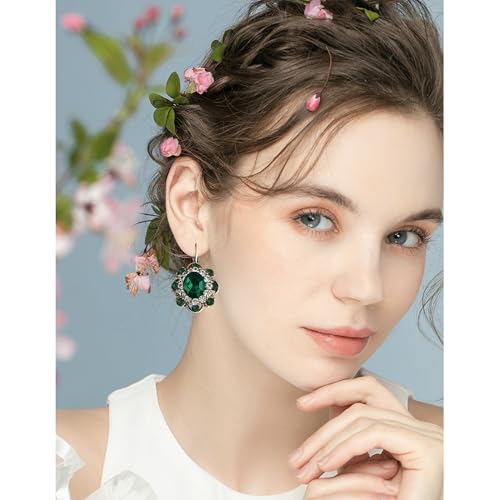 Handmade Bohemian Vintage Gold Sparkly Crystal Round Flower Leverback Earrings Cute Rhinestone Geometry Dangle Drop Earring for Women - color: Emerald