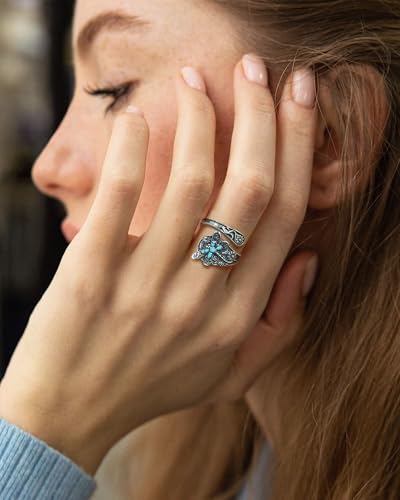 Turquoise Jewelry for Women - Sterling Silver Turquoise Rings Vintage Adjustable Sunflower Dragonfly Butterfly Spoon Ring Victorian Style Boho Antique Flower Thumb Statement Rings Jewelry Gifts for Women - color: Turquoise & Dragonfly