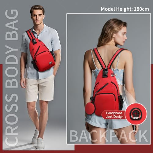 Convertible Sling Bag with Coin Pocket, 11" Tablet Crossbody Mini Backpack with Headphone Jack Casual Pack for Women Men Travel, Red - color: Red, size: Large