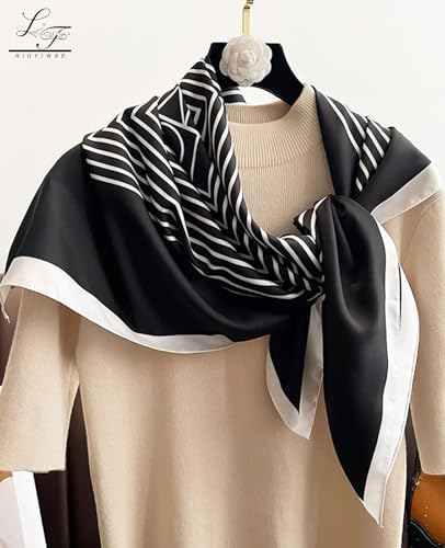 Hioyiwse Head Scarf For Women Hair Bandana 35" Large Square Satin Wrap Sleeping Neck Silk Satin Hair Scarves Lightweight - color: F1-black With White Stripes(35*35inch）