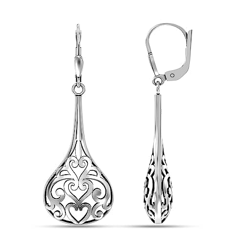 LeCalla 925 Sterling Silver Leverback Drop Earrings | Lightweight Celtic-Knot Filigree Heart Teardrop Dangle Earring for Women's Gift for Her - color: Long Filigree Bali Inspired