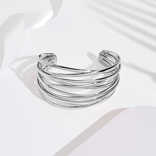 WOWORAMA Chunky Cuff Bracelets for Women Multi-layer Cross Wire Open Bangle Bracelet Adjustable Chunky Wide Open Wrist Arm Cuffs Wrap Bracelet Gold/White Gold - color: White-Gold Cross Wire Cuff