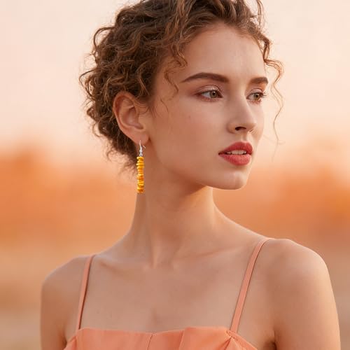 Handmade Bohemian Vintage Silver Nature Stone Beads Long Dangle Drop Earrings for Women - color: Orange