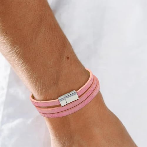 Long tiantian Leather Wrap Bracelet for Men Vintage Brown Leather Cuff Bracelet Adjustable Minimalist Western Style Wristband Casual Fashion Jewelry Gift for Him - color: pink