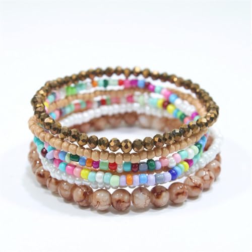 Boho Stackable Rice Beaded Bracelet Set for Women 8-10Pcs Colorful Handmade Multilayered Crystal Beads Bracelets Summer Beach Bohemian Jewelry Gift - color: B Light Brown