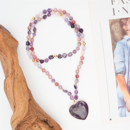 Long Necklaces for Women Boho, Oval Waterdrop Turquoise Pendant, Natural Stone Beaded, Handmade,Vintage & Elegance, Boho Fashion Charm Beaded Necklace for Women - style: P-Amethyst Heart Pendant