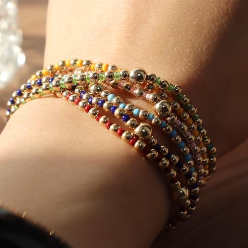 Gold Beaded Stackable Friendship Bracelets Set for Women, Handmade Boho Stretch Summer Jewelry Gift. - color: 0903S