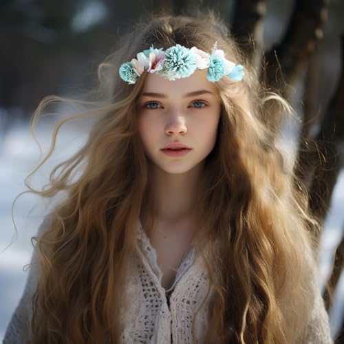 Vivivalue Boho Flower Headband Women Floral Crown Hair Wreath Flower Headpiece Halo with Ribbon Wedding Party Festival Photos Blue - color: 48