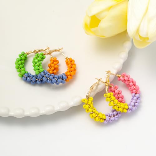 Jinxiuge 6 Pair Beaded Hoop Earrings Boho Flower Round Earrings Women's Handmade Earrings Set - style: Style-G