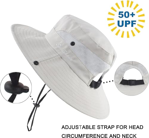 Womens Summer Sun Hat Beach Hat Wide Brim Outdoor UV Protection Hat Packable Mesh Bucket Hat with Ponytail Hole - color: Solid Beige
