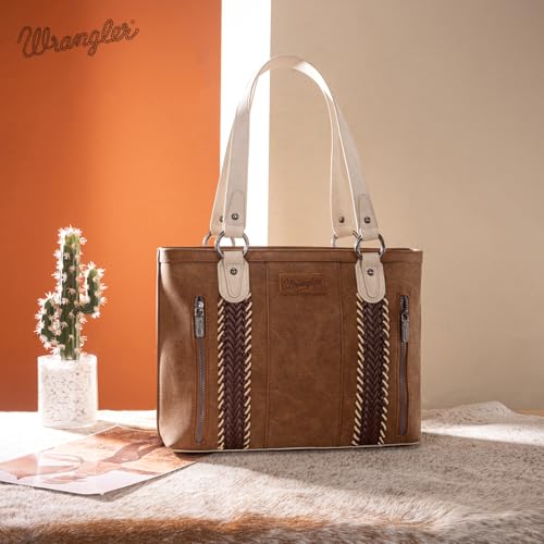 Wrangler Multi Pockets Tote Bag for Women Western Braided Shoulder Bag with Large Capacity for Everyday - color: Rtero-brown