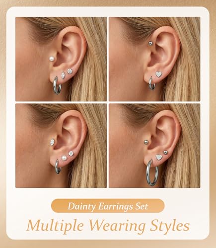 Incaton Hypoallergenic Flat Back Earrings for Women Silver 14K Gold Plated Surgical Stainless Steel Stud Earrings Cubic Zirconia Cartilage Studs Earrings For Multiple Piercing Sensitive Ears - color: 3-SILVER