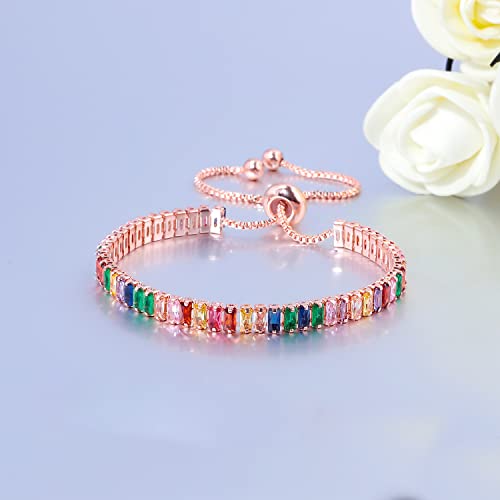 CiNily Adjustable Tennis Bracelets for Women Teen Girls Rainbow Cubic Zirconia Bracelet 14K White Gold Plated Hypoallergenic Slider Bracelet Jewelry Gift - color: Adjustable-Square Rose Gold