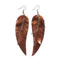 Black shiny Leather Feather Earrings for Women, Lightweight Minimal Boho Dangle Earrings, Small Simple Everyday Jewelry - color: Brown metallic