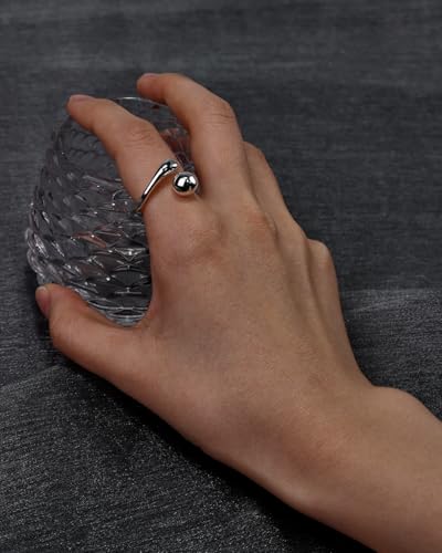 Silver Chunky Open Ring for Women - Adjustable Chunky Silver Ring with Teardrop & Ball Design, Modern Stackable Ring for Daily Wear