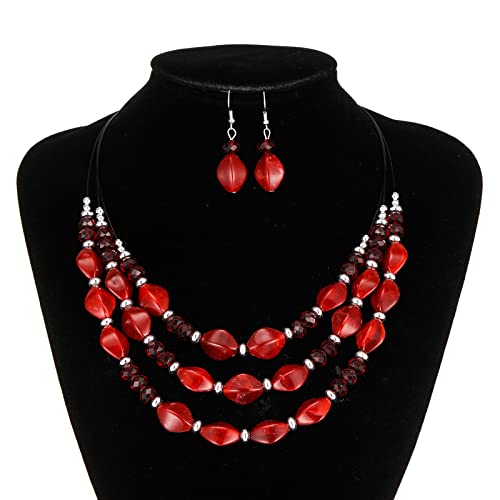 3 Layered Chunky Statement Necklace for Women Beaded Strand Necklaces with Earring Fashion Costumes Collar Necklace Jewelry Sets Gifts for Women - color: Red